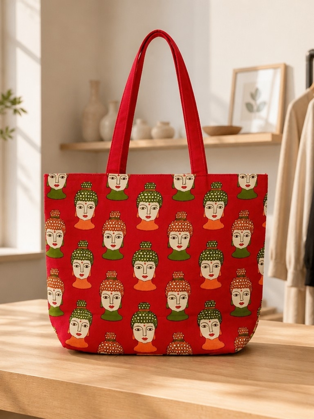 Red Buddha Motif Tote Bag - Casual Everyday Carry